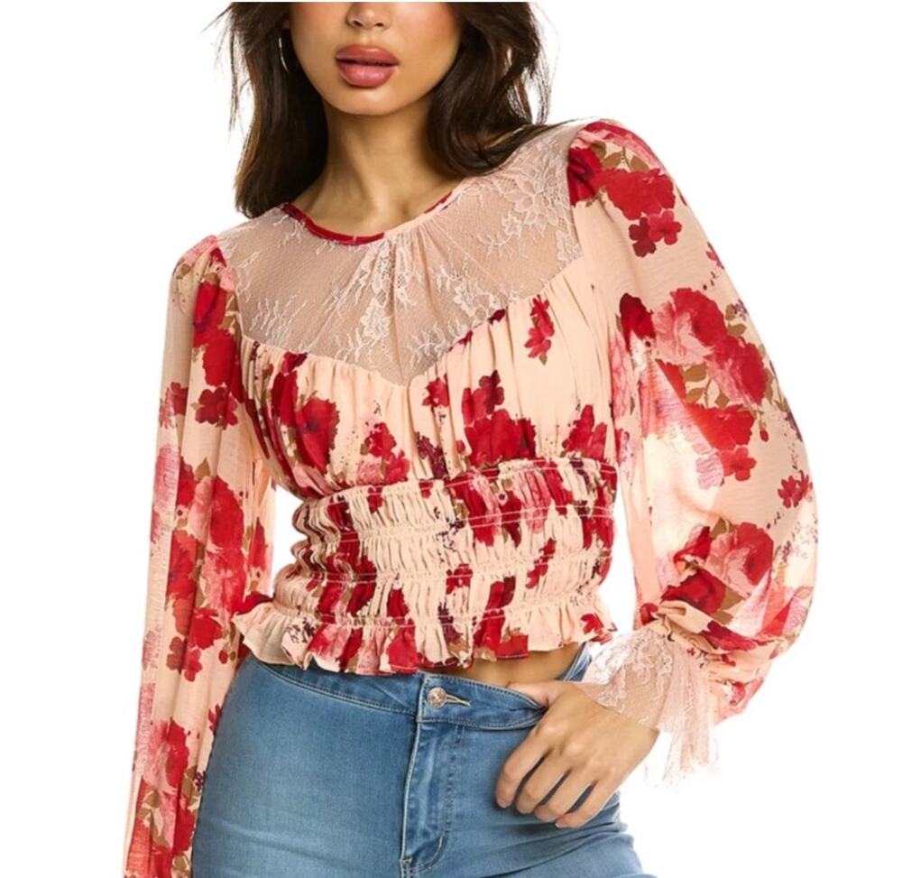 Free People Daphne Blush Peplum Smocked Crop Top Cottagecore Romantic Size S